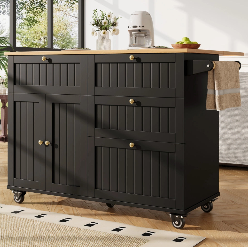Carrello cucina 133x37.3x88 cm con ruote e piedini regolabili in MDF nero
