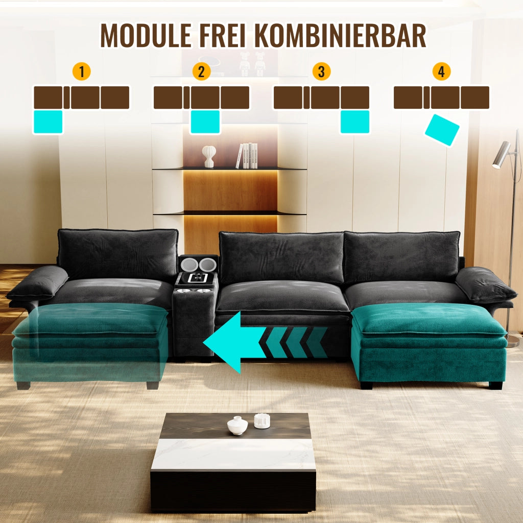 Divano modulare a L 4 posti in chenille con pouf mobile ricarica wireless altoparlanti luci e 2 portabicchieri nero