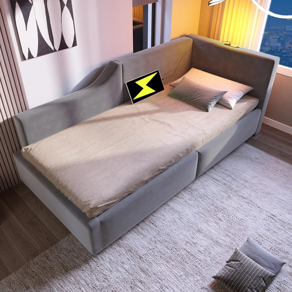 LETTO Tagesbett 90x190 cm in velluto grigio con lampada da lettura e USB-C