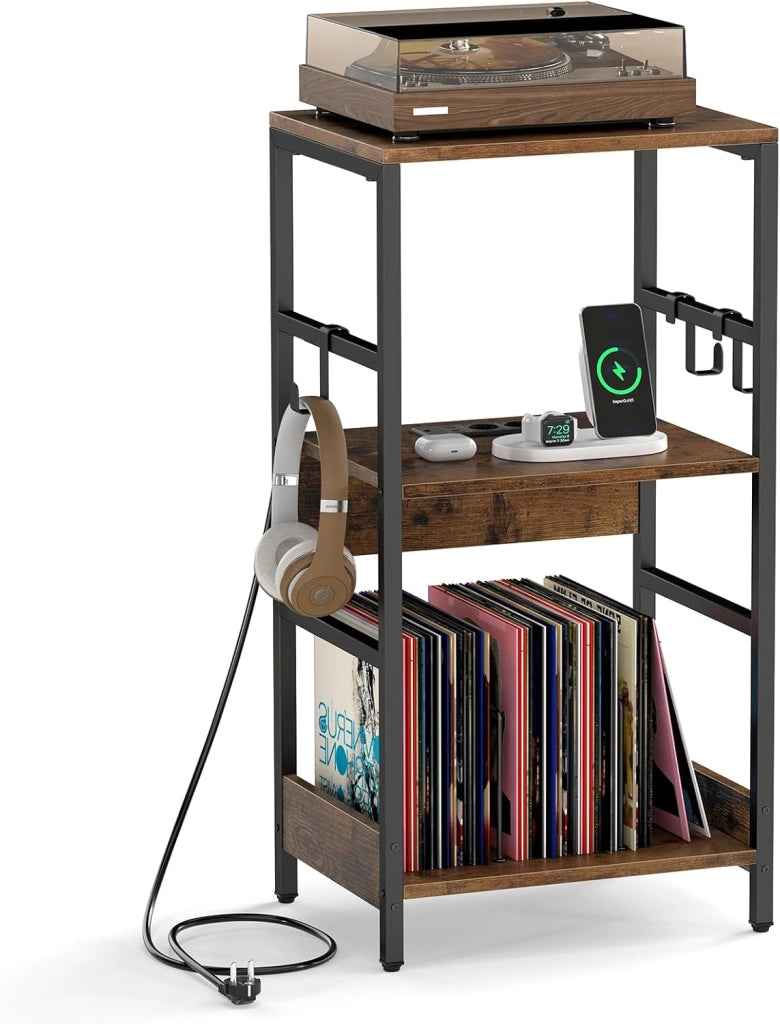 Supporto per Giradischi a 3 Livelli, Mobile Porta Giradischi in Legno con Stazione di Ricarica e 3 Ganci, Scaffale per Dischi Industriale per Soggiorno e Camera da Letto, 40 x 30 x 78 cm