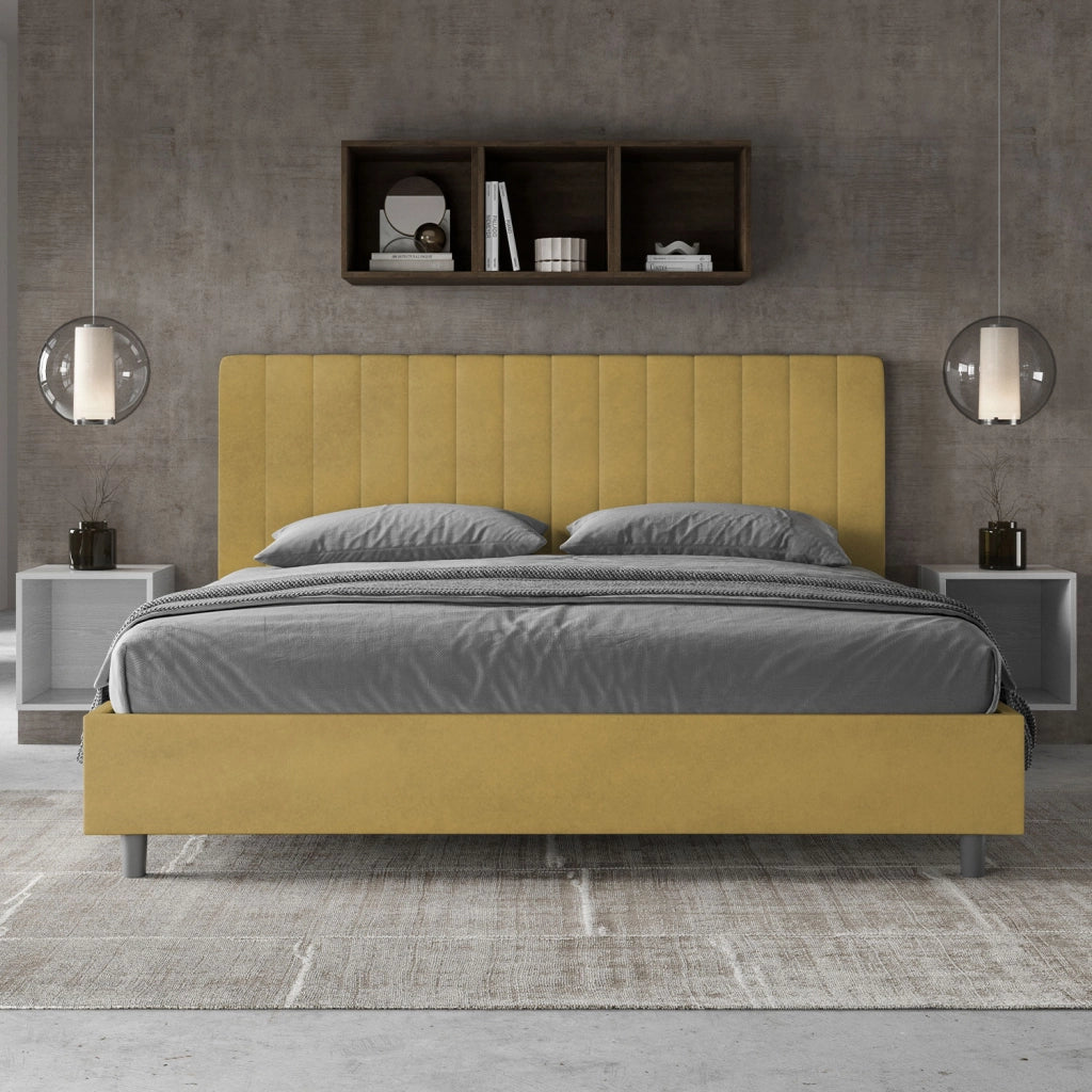 Letto Matrimoniale King Size 180x210 cm con Rete Imbottito in Microfibra Agueda Ocra