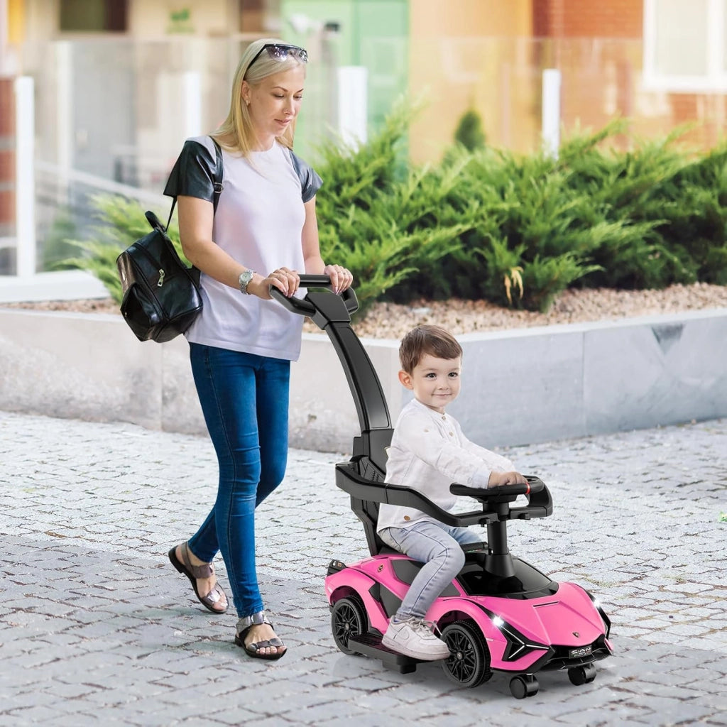 3 in 1 Auto da Spinta, Auto Scorrevole con Paracolpi e Manubrio Rimovibili Musica e Fari, Spazio di Stoccaggio Nascosto e Ruote Universali Staccabili, Bambini 18-24 Mesi (Rosa)