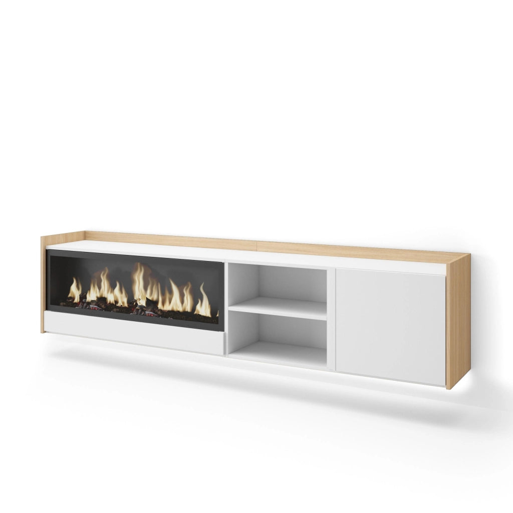Mobile TV Soggiorno, 212x50x35 cm, Per TV fino a 80", Camino elettrico XXL, Sospeso, da appendere, LED, Bianco e Rovere soft