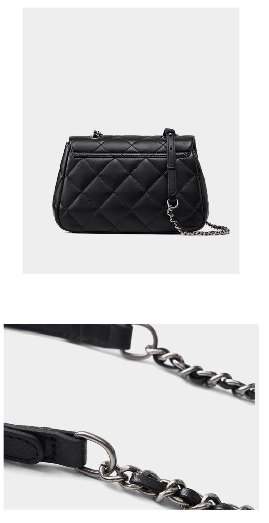Borsa a tracolla da donna in vera pelle con catena a maglia romboidale, colore nero.