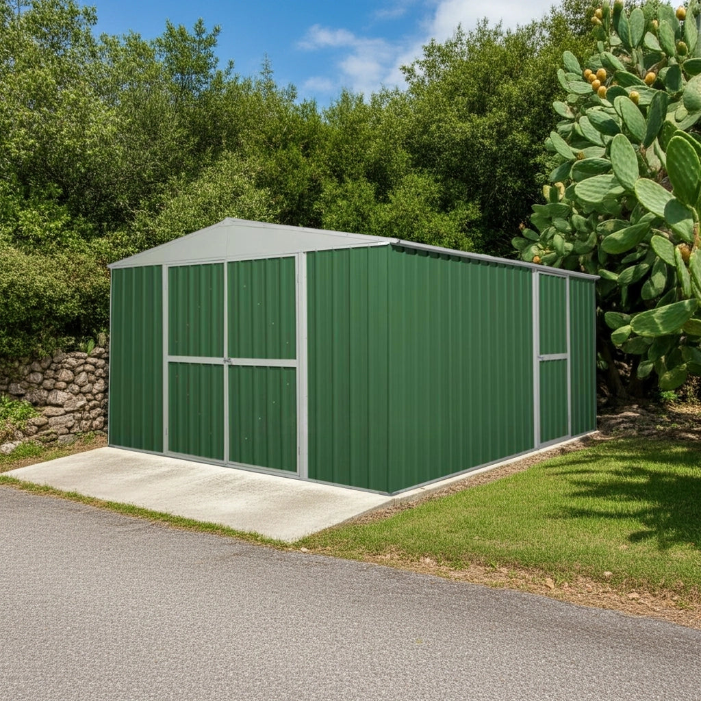 Box garage lamiera zincata casetta giardino acciaio 360x430cm x h2.10m - 185KG - 15,48mq - VERDE