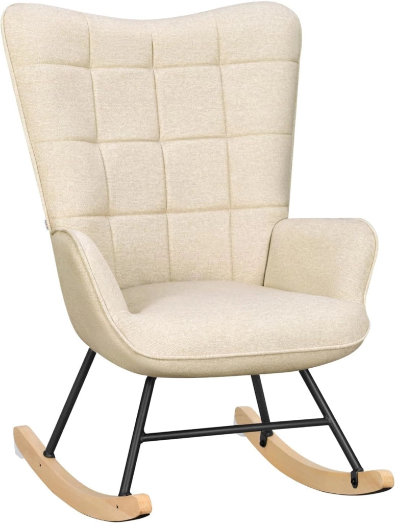 Sedia a Dondolo da Interno, Poltrona Relax con Braccioli e Schienale Alto, Sedia Imbottita in Flanella Per Salotto, Camera da Letto, Base in Metallo e Legno Massello Grigio, 69x90x95cm, SKS30gr