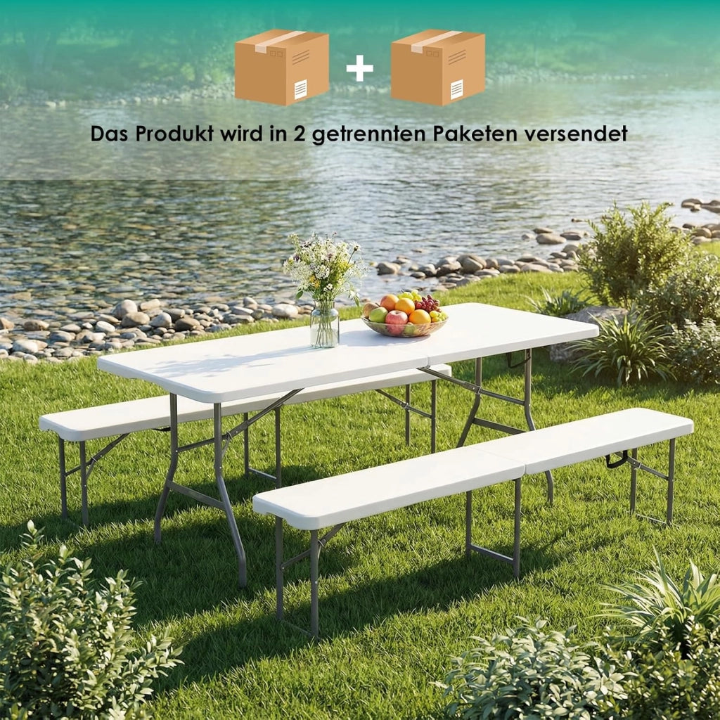 Set Tenda da Birra da 3 Pezzi 183cm, 1 Tavolo e 2 pcs Panche Pieghevoli, Set di Mobili da Giardino in Plastica HDPE, Set Birreria con Manico di Trasporto, per Campeggio Picnic Esterno, Bianco