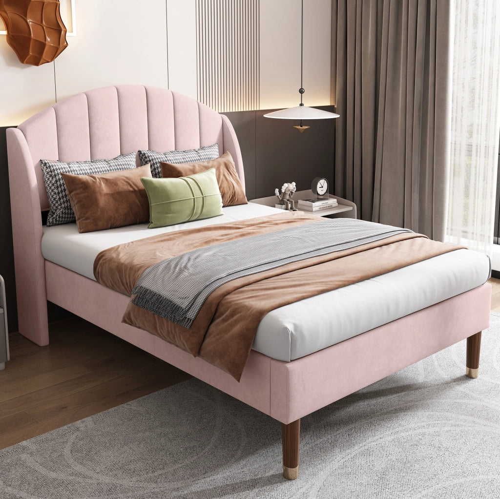 Letto imbottito 90x200 cm con rete a doghe e testiera in velluto rosa