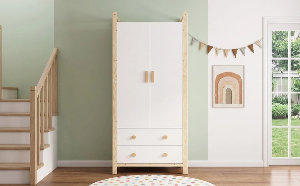 Armadio a 2 ante con barra appendiabiti e 2 cassetti, struttura salvaspazio 90x45x180 cm, bianco e naturale