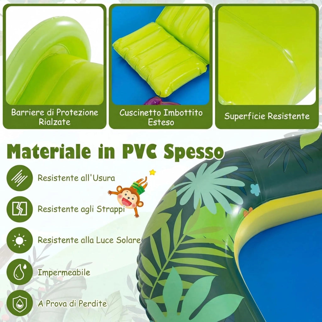 Piscina Gonfiabile Bambini, Parco Giochi Acquatico a Tema Giungla con Scivolo, Irrigatore a Arco, Gioco degli Anelli e 2 Toppe di Riparazione per Bambini 2-6 Anni, 208 x 178 x 138 cm