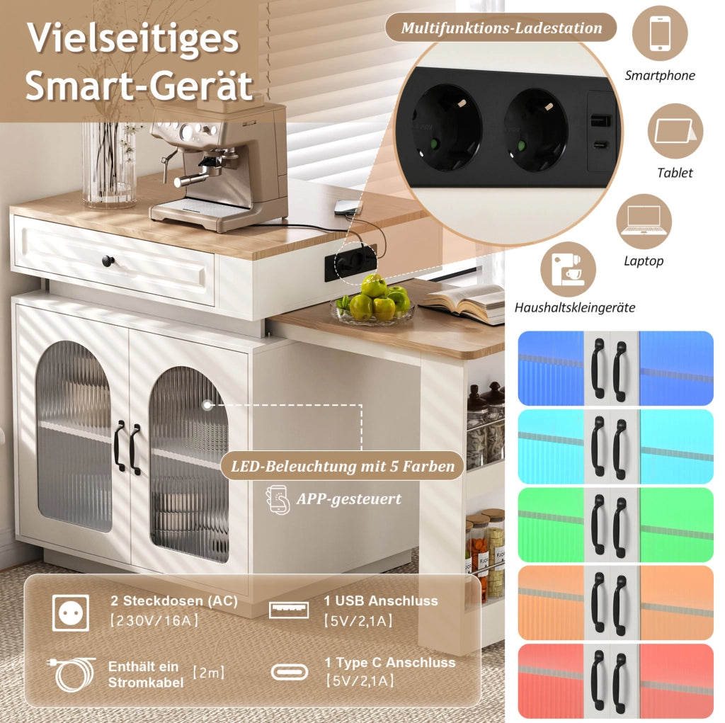Isola cucina con tavolo estraibile LED e prese, bianca