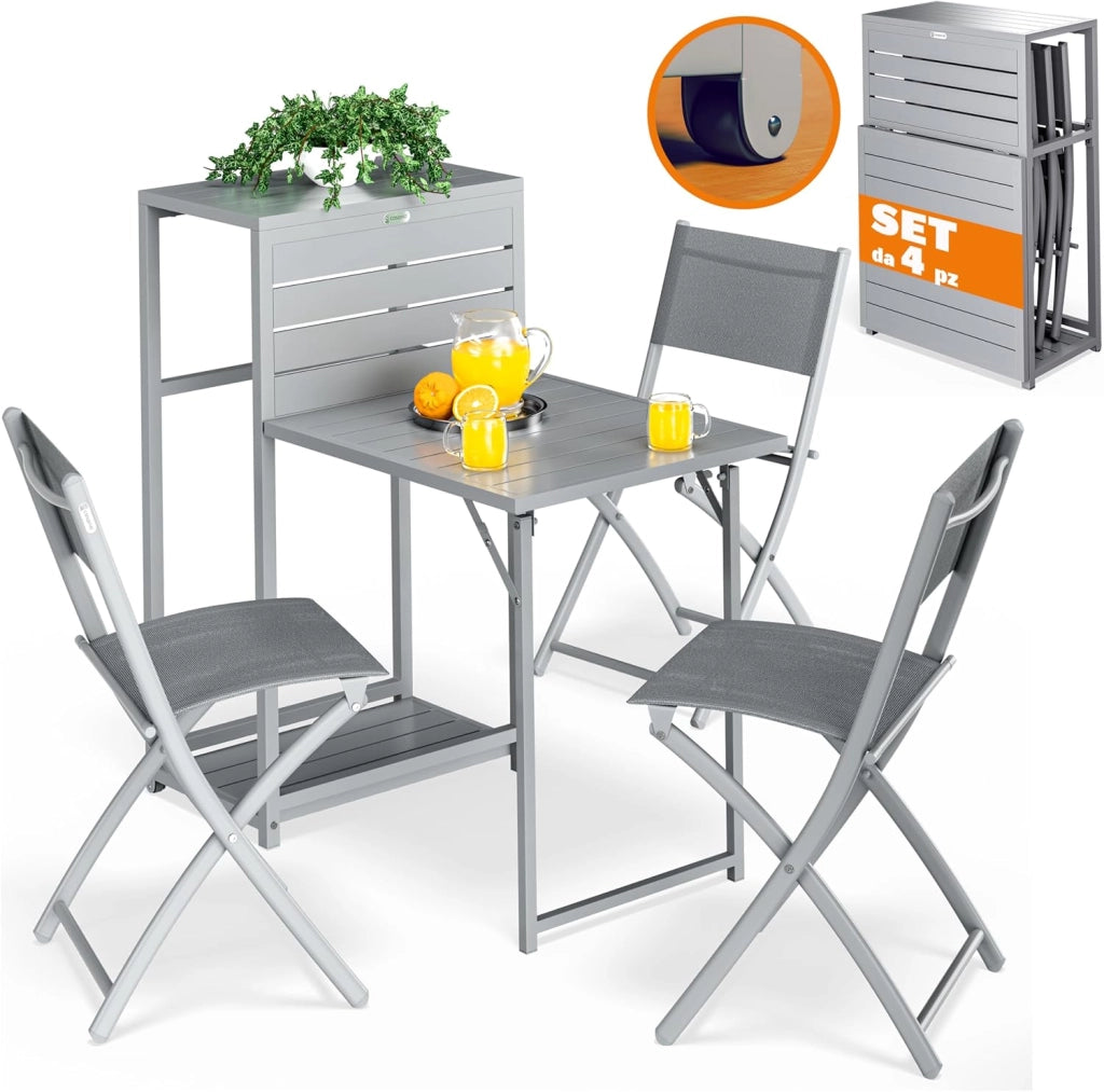 ® Set di Mobili Balcone 3 Sedie Tavolo Pieghevole Salvaspazio in Acciaio Verniciato Salottino Giardino Terrazze Grigio