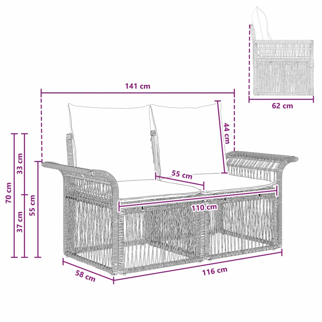 Divano da giardino 2-Numero di posti Nero polyrattan 42026692
