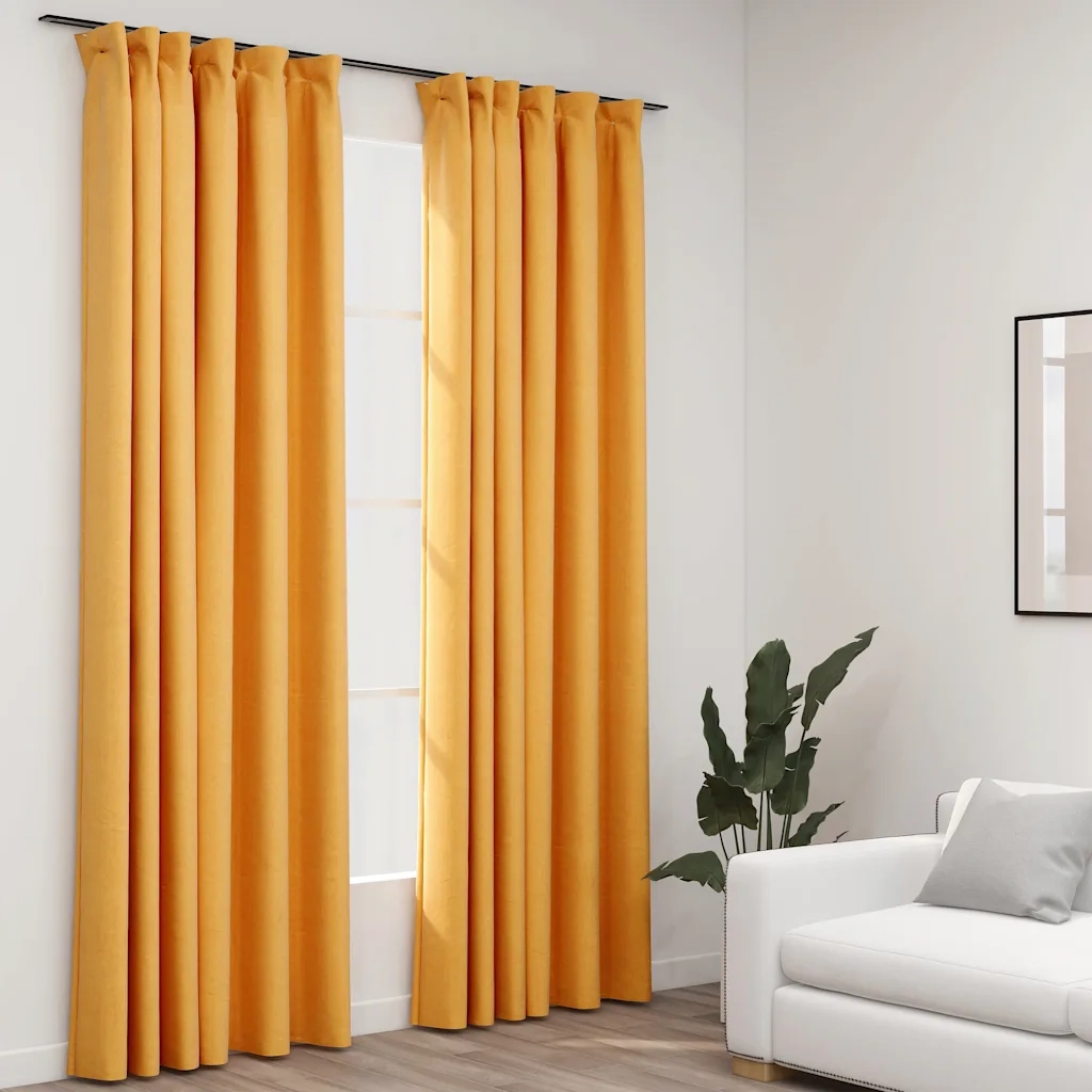 Tende Oscuranti | Tende Blackout con Ganci Effetto Lino 2 pz Gialle 140x245 cm