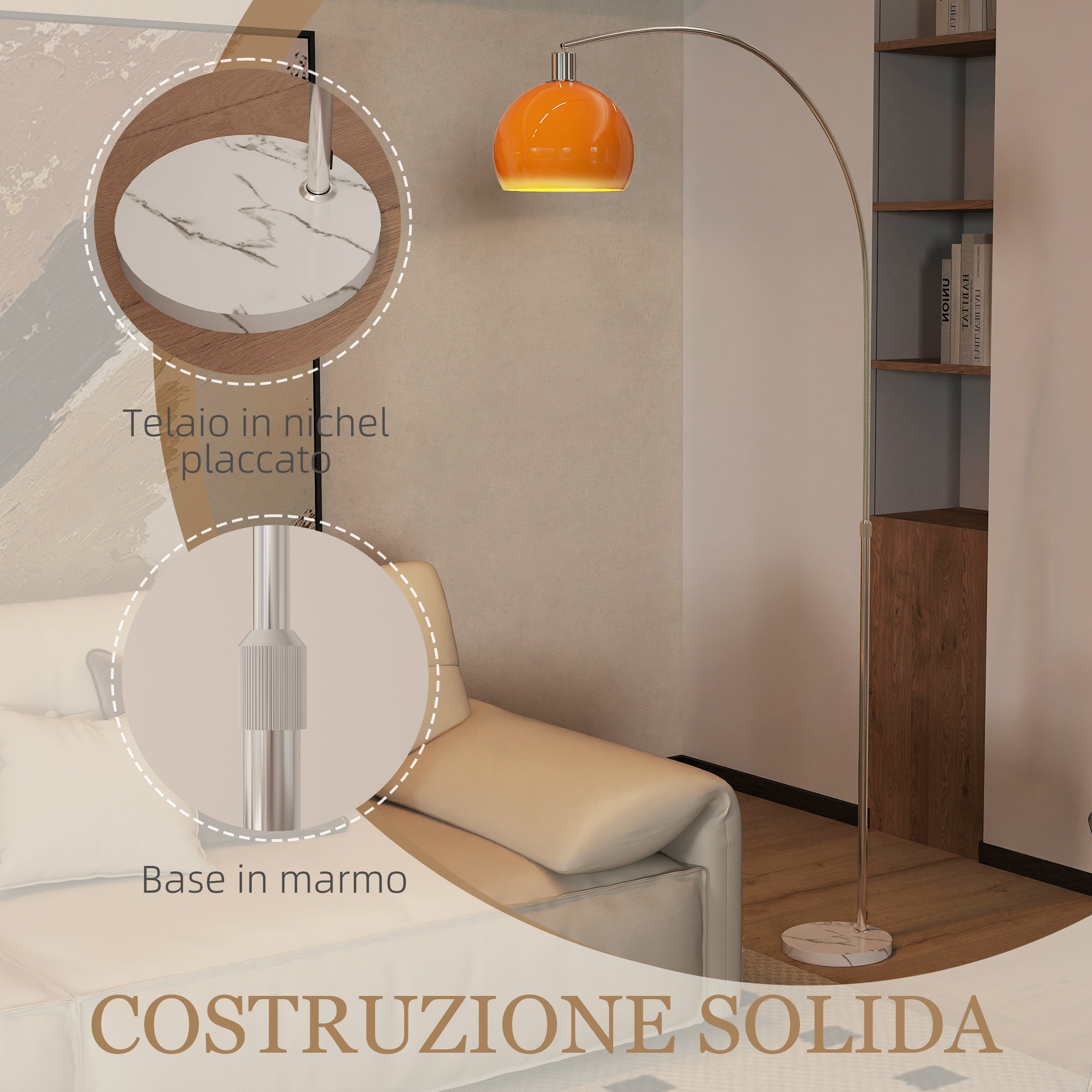 Lampada da Terra ad Arco 26x90x180 cm con Interruttore a Pedale e Base in Marmo Bianco e Arancione