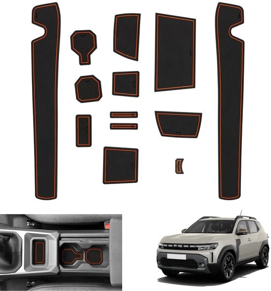 Antislipmattone per Dacia Duster 3 2024 2025, Mattoncini in gomma per Dacia Duster III a partire dal 2024 - Antislipmattone per Console Centrale, Borsa per Bevande, Mattoncini Antislip Deurnaadmatten, Accessori per Dacia Duster 3 (Arancione)