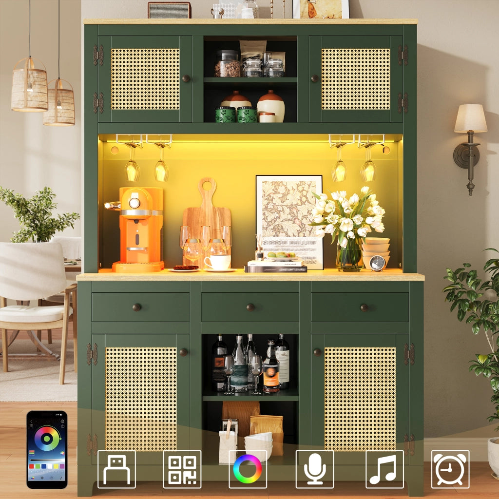 Mobile alto multifunzione in MDF con ante in PE rattan, sistema luci USB opzionale, 120x40x180 cm, Verde Antico