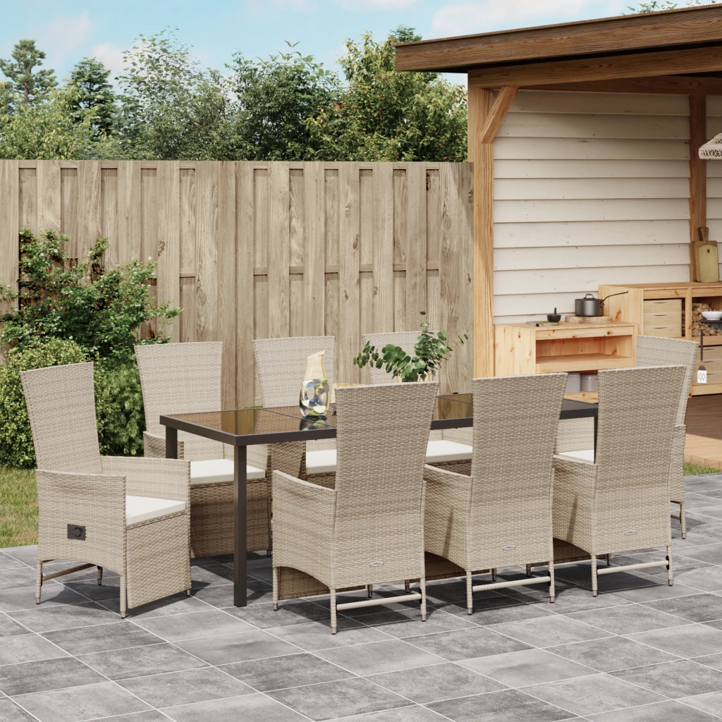 Set da Pranzo da Giardino 9 Pezzi con Cuscini Beige Polyrattan