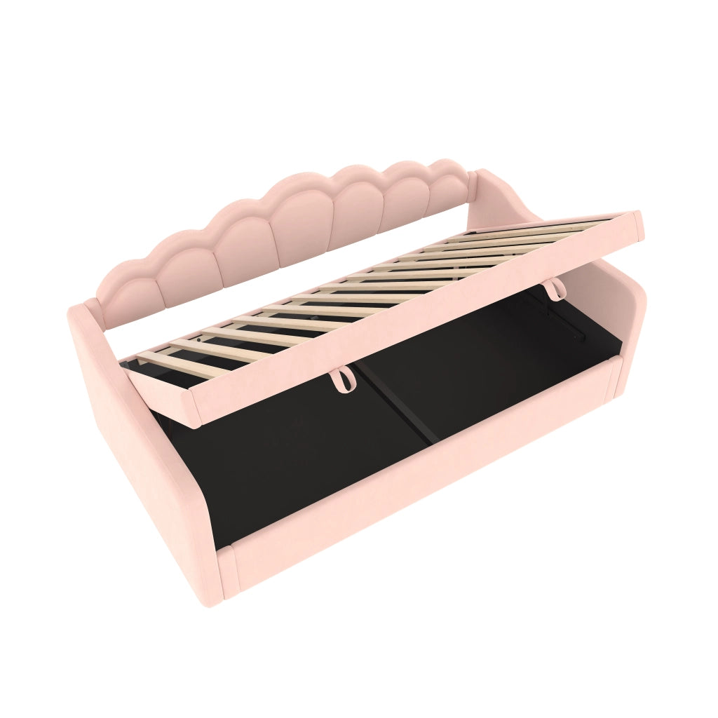 Letto Singolo Contenitore Imbottito con LED ¨C MINIMAL ¨C Velluto Rosa 90x200 Idraulico