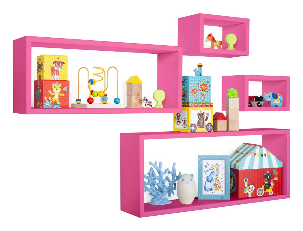 Set 3 Mensole Cubo da Parete Quadrato e Rettangolare in Fibra di Legno Merlino Fuxia