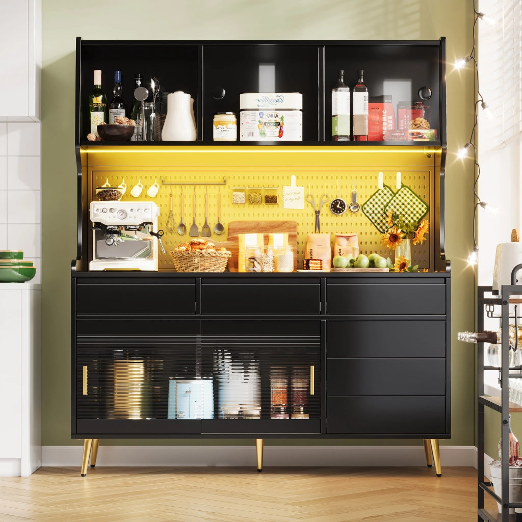 OKWISH Madia Alta con 2 Ante Scorrevoli, 1 Cassetto e LED con Controllo tramite App, per Cucina, MDF e Vetro, Nero, 145×39×171 cm
