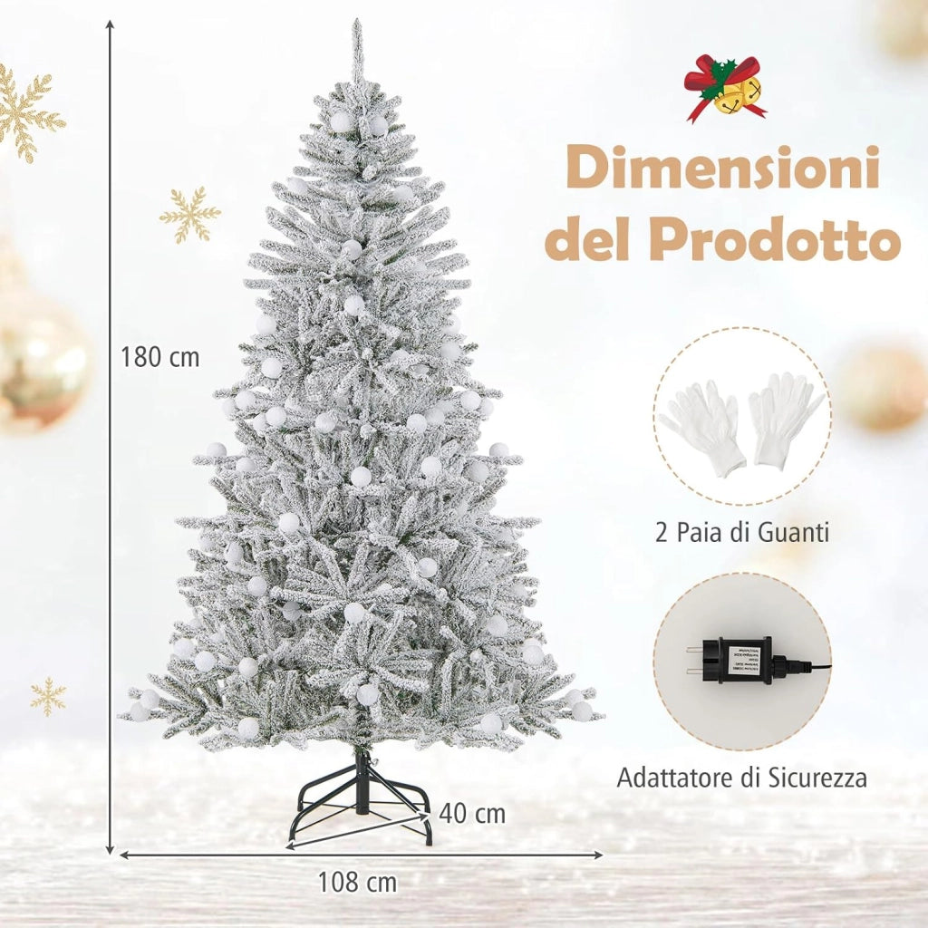 Albero di Natale Innevato 180/210cm, Albero di Natale Artificiale Pre-illuminato con 250/350 Luci LED Bianche Calde, 51/65 Sfere Luminose 637/1273 Rami, Telecomando e Timer (180 cm)