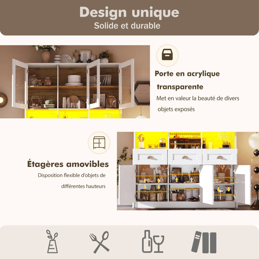 Dispensa alta da cucina in MDF bianco con ante in acrilico cassetti ripiani regolabili LED 140 × 40 × 175 cm