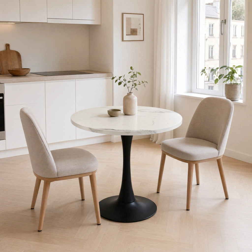 TAVOLO Rotondo 80 cm MDF effetto marmo bianco e metallo nero per 2-4 persone