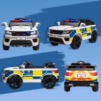 Macchina Elettrica per Bambini della Polizia, 12V Auto Elettrica per Bambini con Telecomando, Sirena Luci Attacco USB per Musica, 110x68x52cm, Bianco