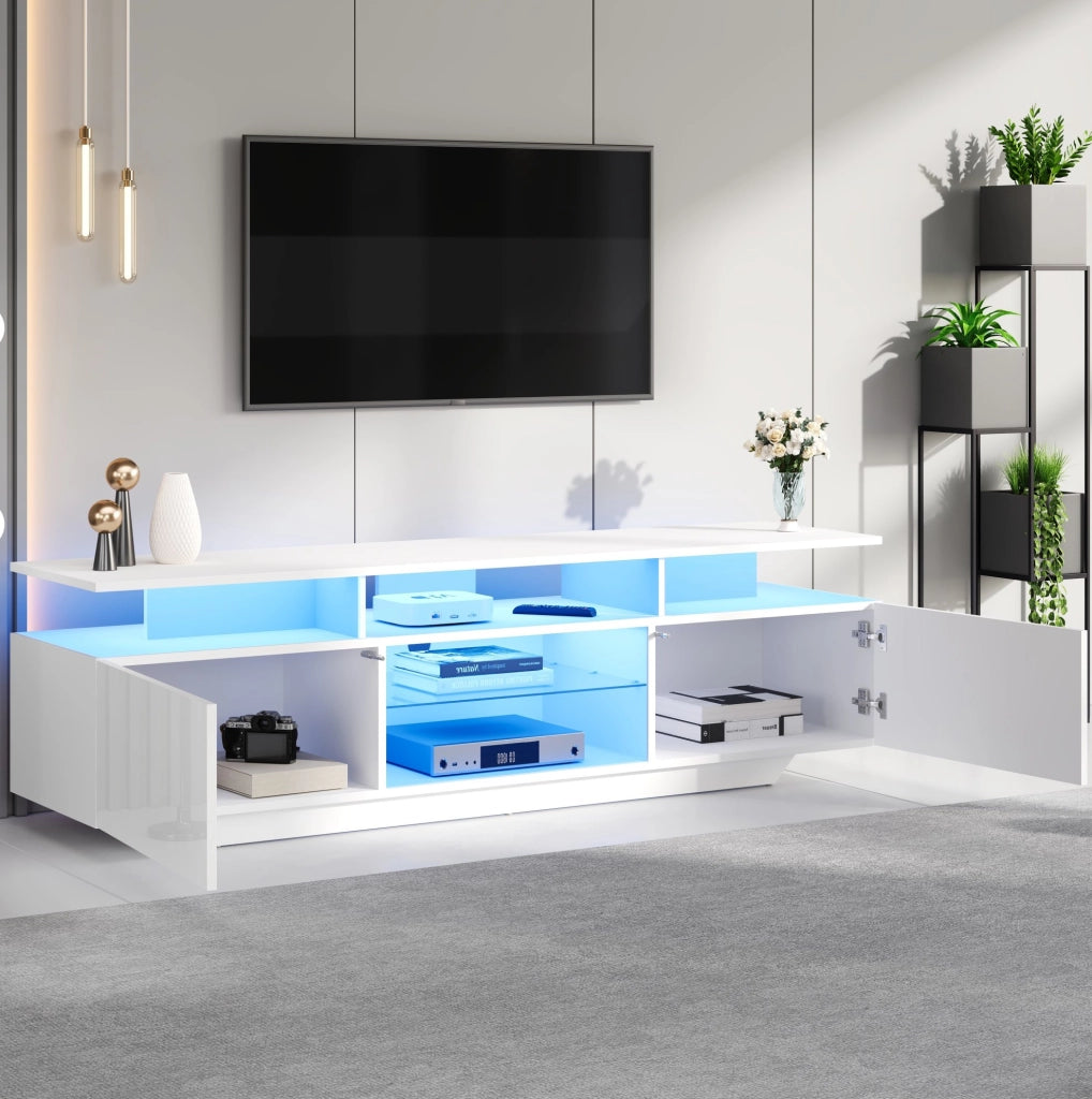 Mobile TV bianco 160 cm con LED, 2 armadietti e 8 ripiani