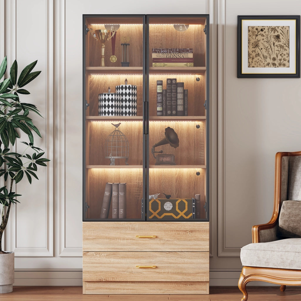 Armadietto da bagno alto con 2 ante e vani aperti in vetro temperato, stile moderno, per bagno, in MDF, marrone