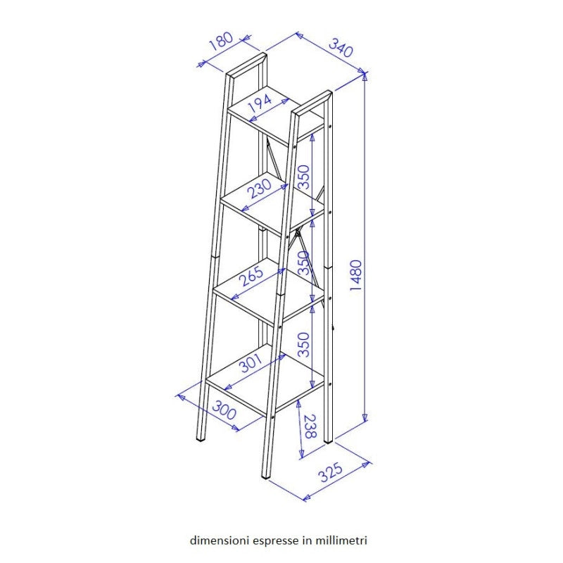 Libreria 4 Ripiani Hamilton Metallo Nr+legno Trattato Nat 34x32,5x148cm