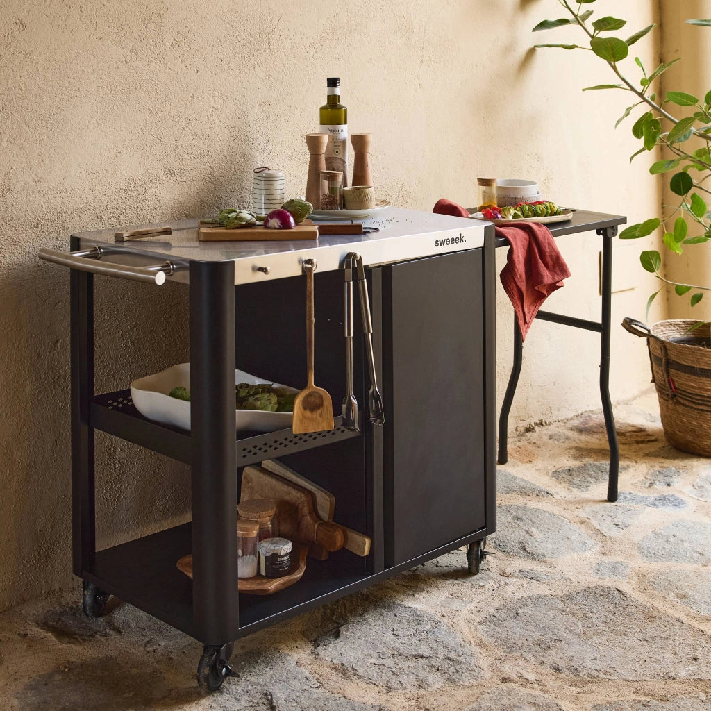 Carrello da cucina da esterno in acciaio con tavolino pieghevole,