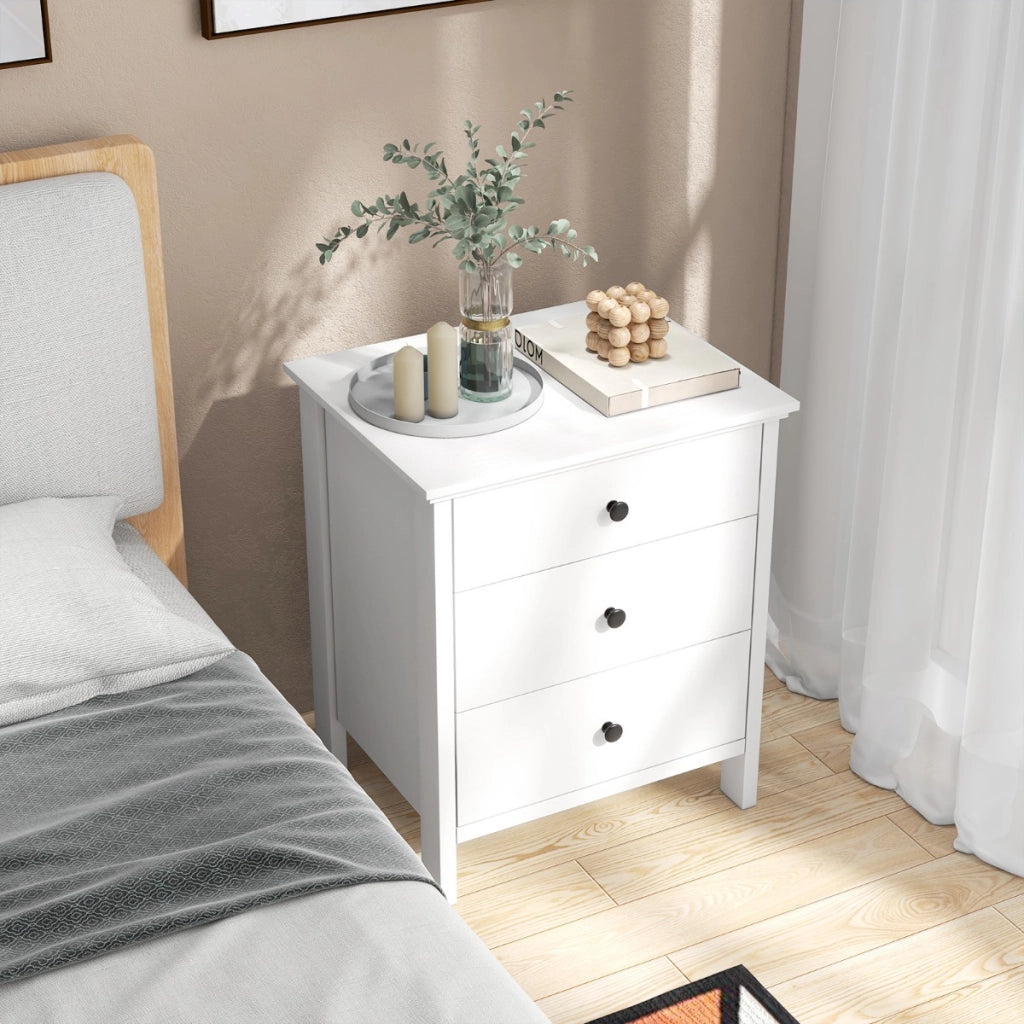 Comodino con 3 cassetti per camera da letto, Cassettiera compatta in legno con spazio di archiviazione per divano Bianco-Comodini