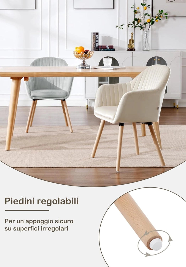 1Pz Sedia da Pranzo Poltroncina per Sala D'attesa Cucina Poltrona con Schienale Braccioli Tessuto in Velluto Gambe di Legno Crema BH95cm-1