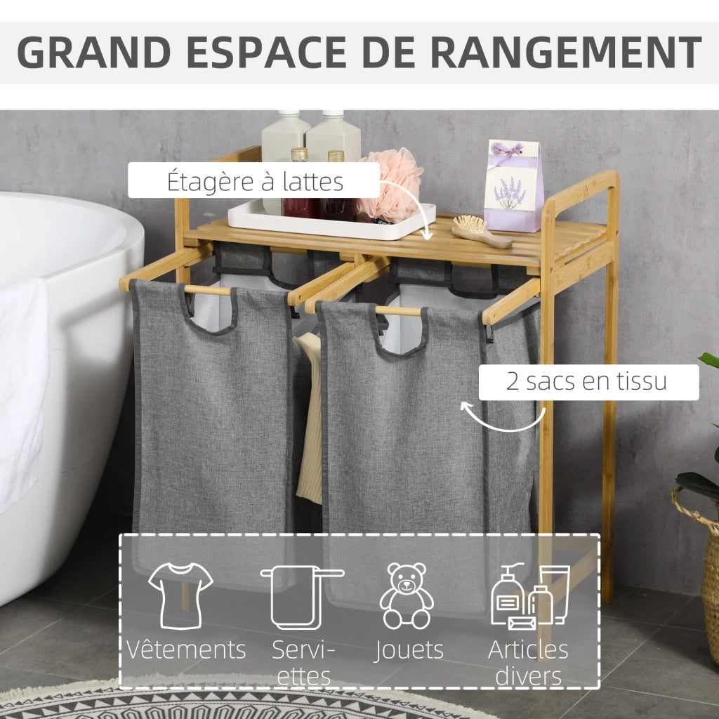 Cestello per bucato in bamb¨´ con 2 cesti estraibili ¨C Minimal ¨C 63.5x33x73 cm grigio scuro