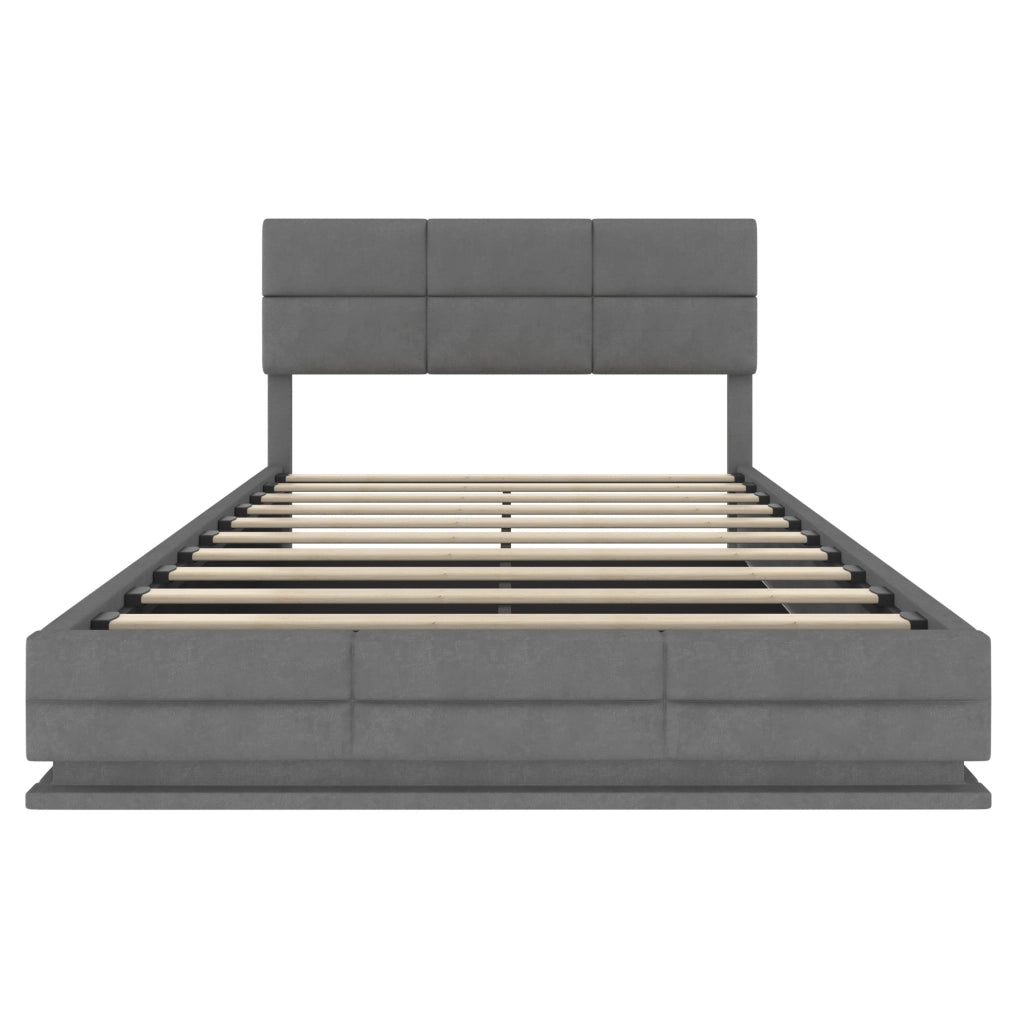 Letto 140x200 in velluto grigio con LED, USB e vano contenitore