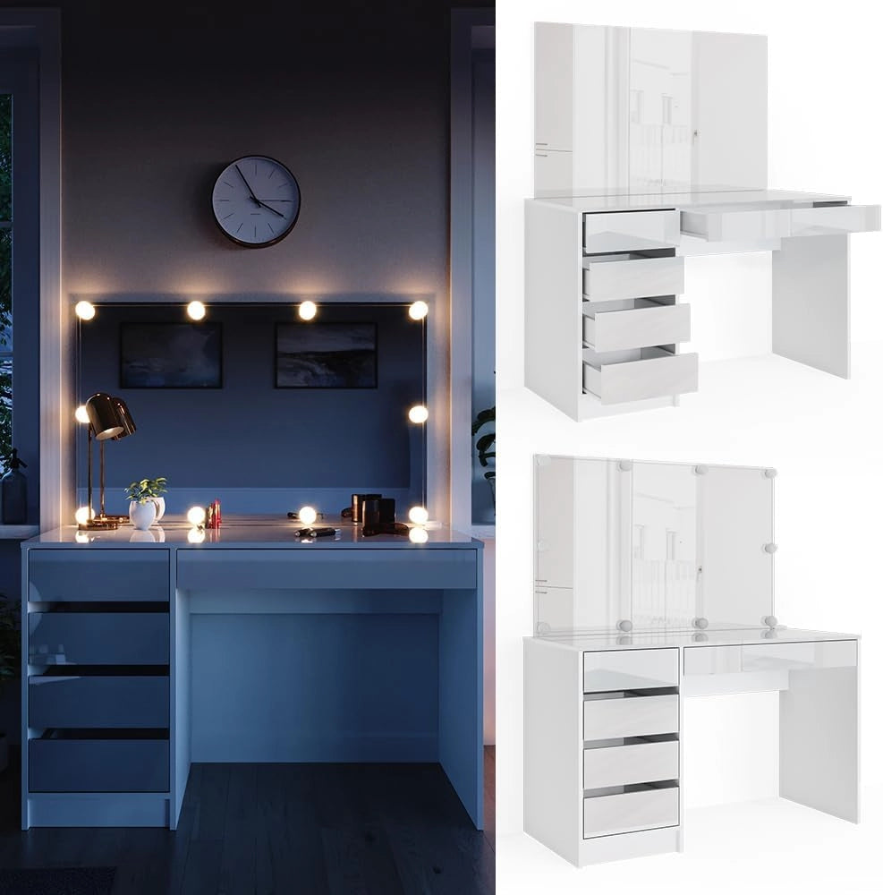 Tavolo da toeletta Sherry, Bianco, 120 cm con illuminazione a LED, con illuminazione LED e grande specchio rettangolare