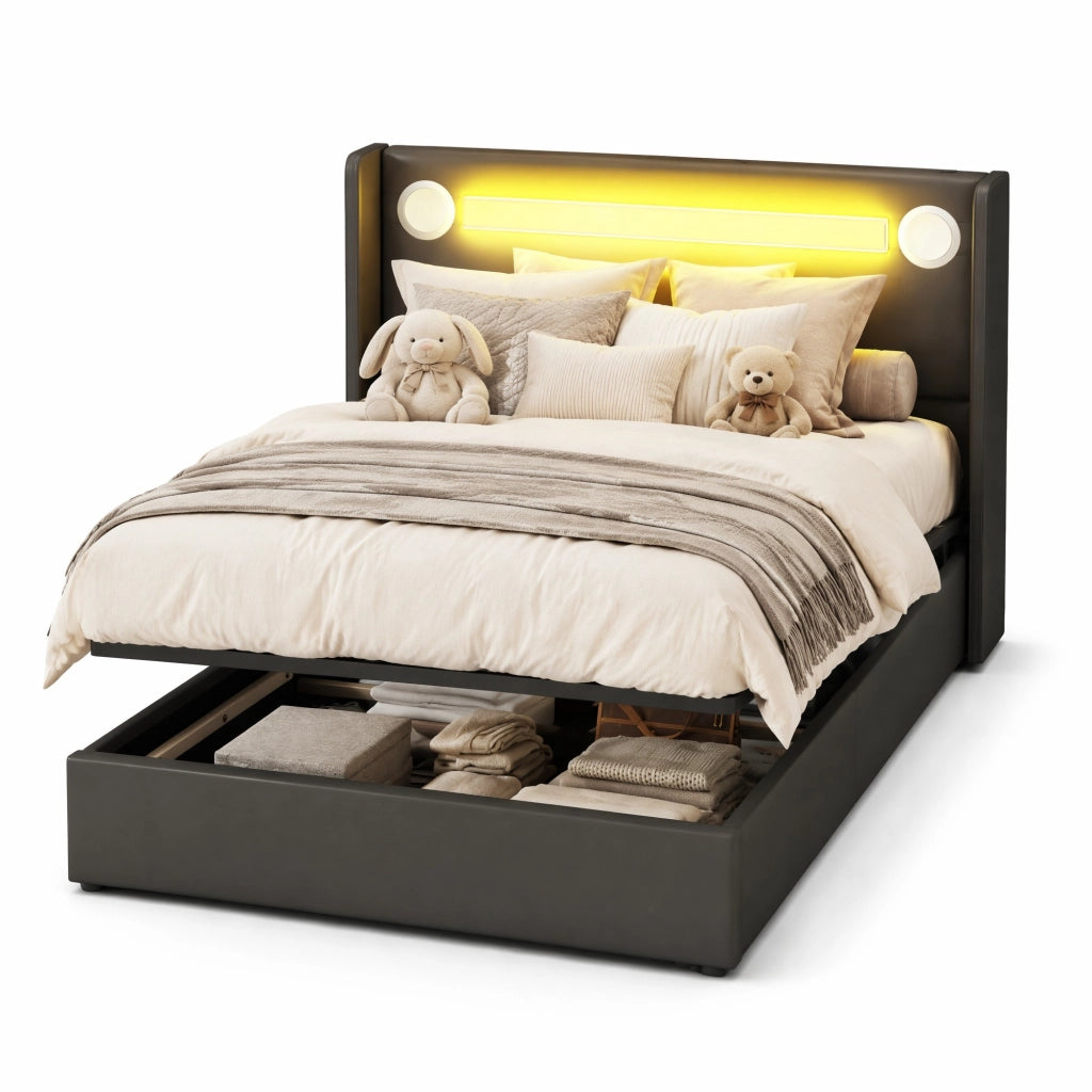 Letto per bambini contenitore 90x200 in PU nero con LED; Bluetooth e 2 porte USB