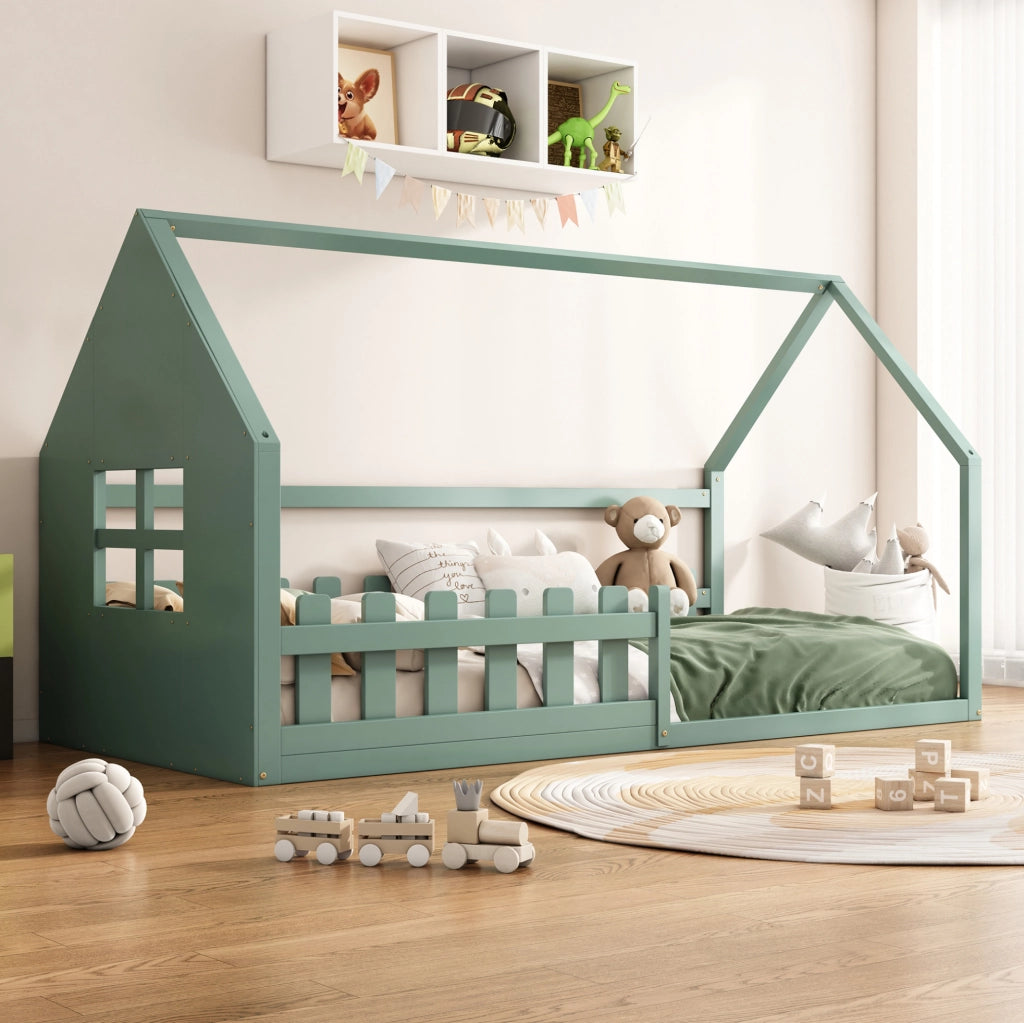 Letto per bambini 90x200 cm; a casetta; pino e MDF; verde