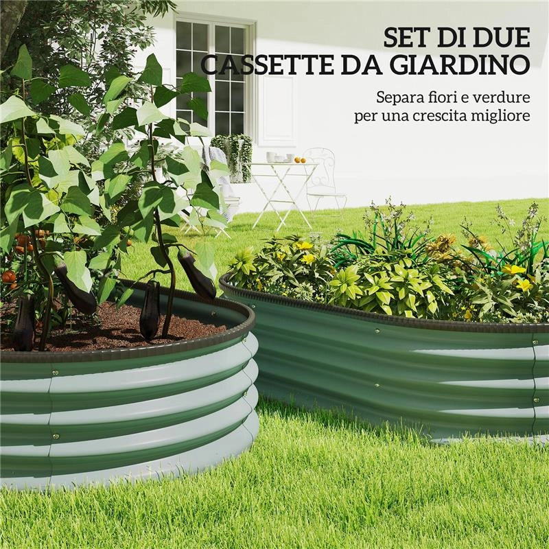 SET DI 2 AIUOLE RIALZATE IN METALLO GALVANIZZATO CON BORDO IN GOMMA E DESIGN MODULARE, 135X90X30 CM VERDE