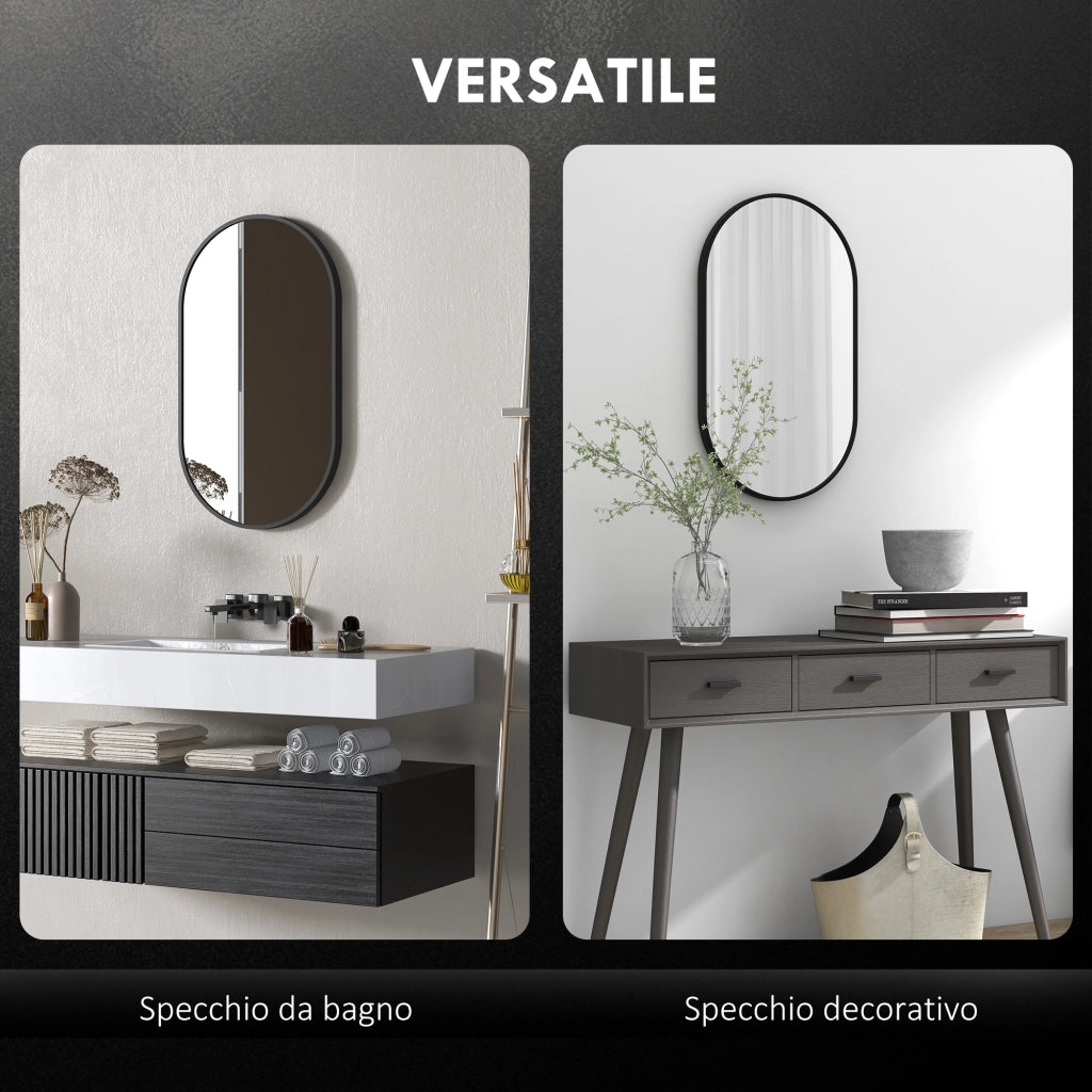 Specchio Bagno Ovale da Parete con Cornice in Alluminio. Verticale o Orizzontale. 40x70cm. Nero