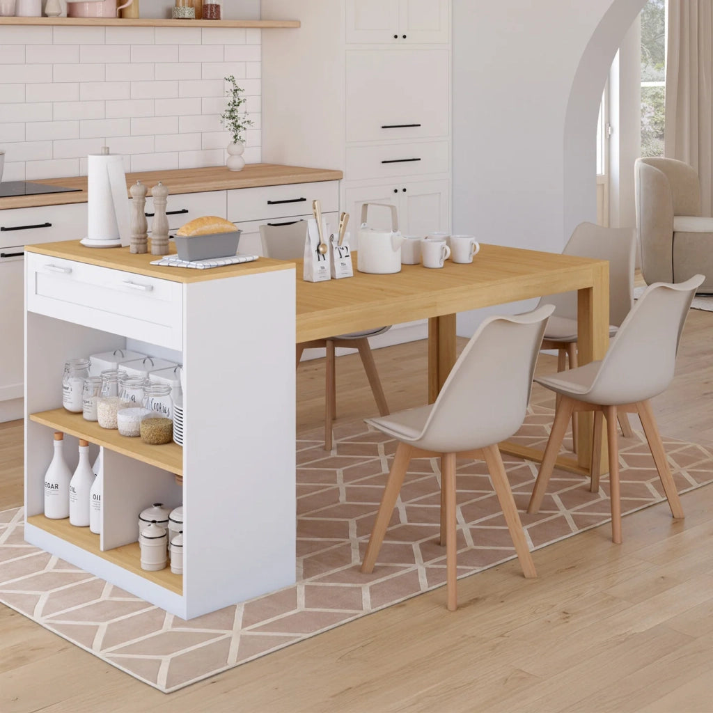 IDMarket - Isola centrale con tavolo da pranzo per 5 persone GARY 190 cm bianco con piano effetto legno