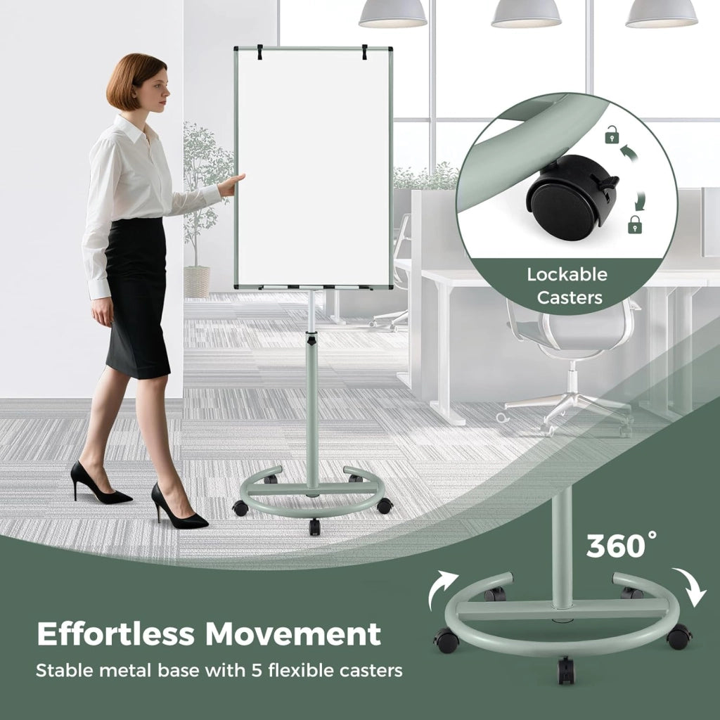 Lavagna mobile con base a rotelle, regolabile in altezza e ripiano per penne, 100 x 65 cm, lavabile a secco (verde)
