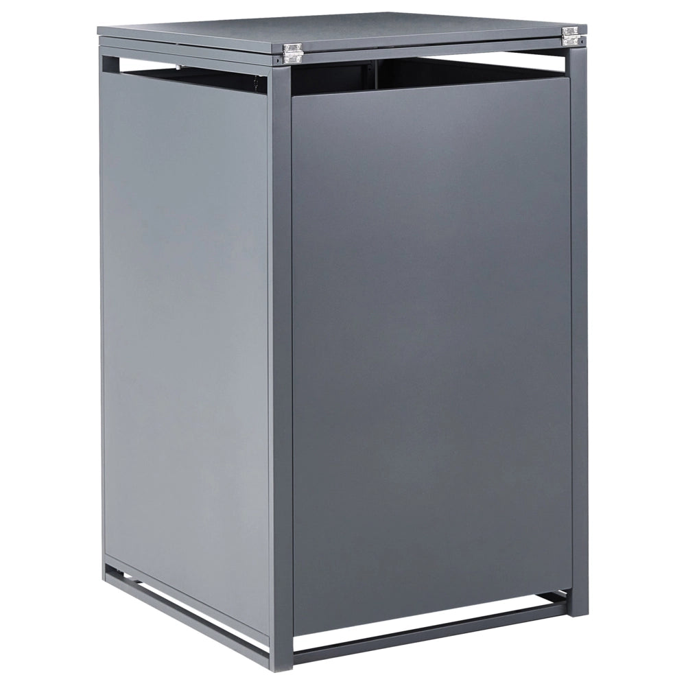 Copertura per bidone della spazzatura in acciaio zincato grigio scuro da 240 L con sportello magnetico a trasferimento termico e finitura effetto legno, apertura dall'alto, per esterni e giardino