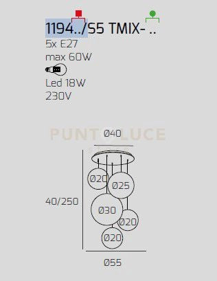 SOSP. BIANCO 5 LUCI TONDO VETRI (2 PICCOLI FU+1 PICCOLO BR+1 MEDIO BR+1 GRANDE FU) 1194BI-S5 TMIX-FB