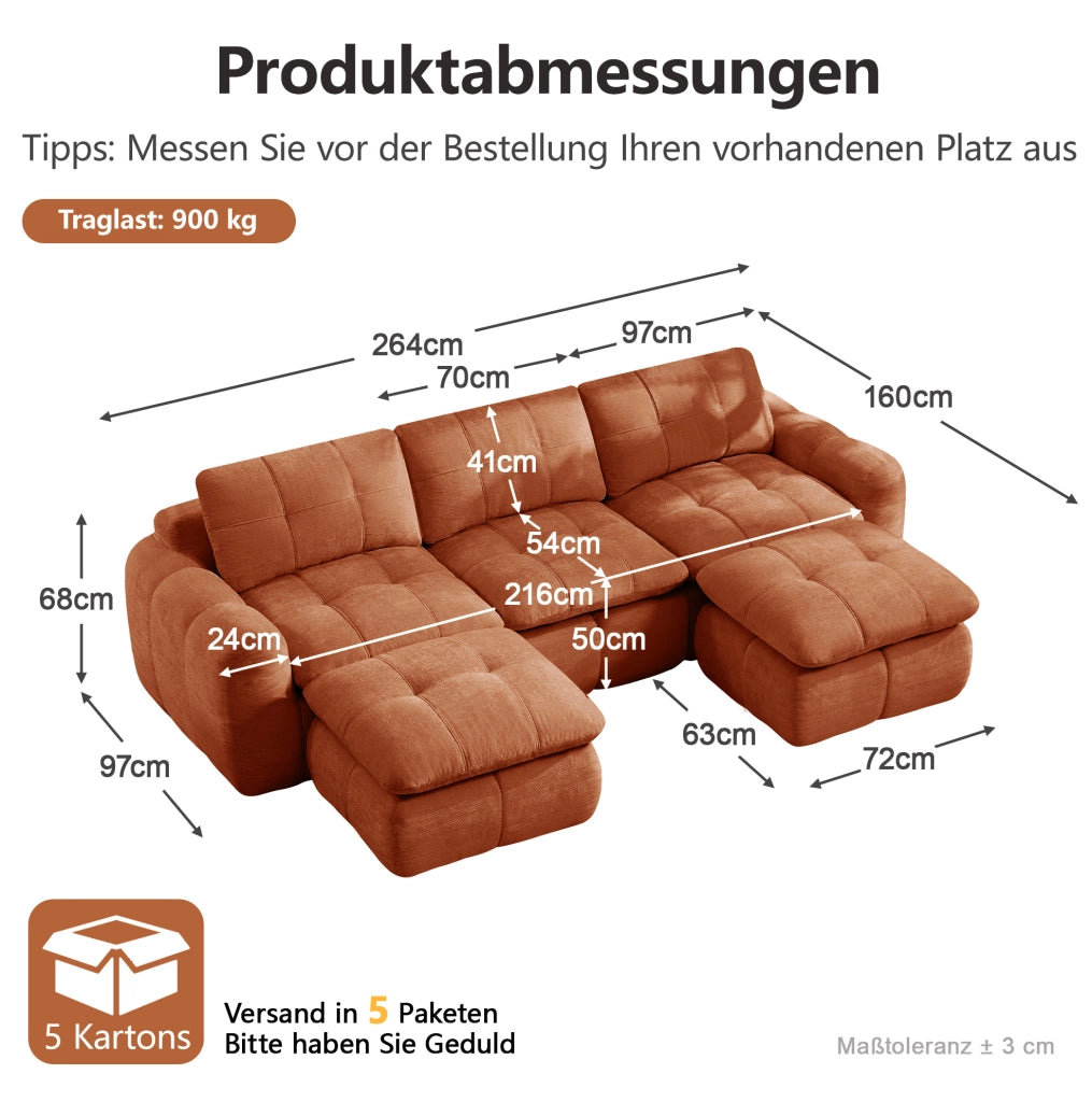 Divano modulare a U 3 posti con 2 pouf 264x160x68 cm in chenille arancione