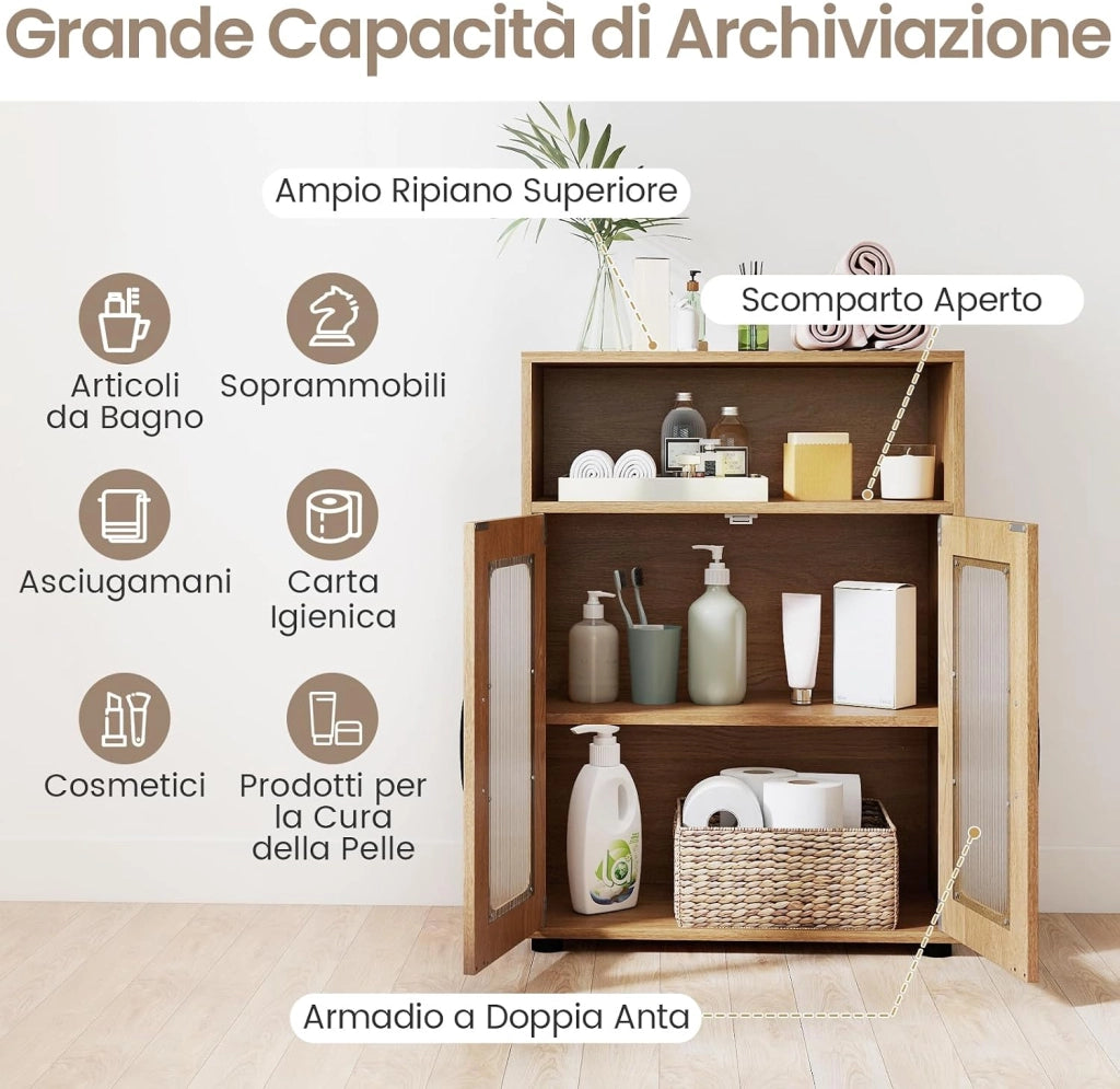 Mobile da Bagno, Mobiletto Salvaspazio con 2 Ante e Ripiano Regolabile a 3 Livelli, Scomparto Aperto, Design Anti-Ribaltamento e Piedini Rialzati, Armadietto per Lavanderia (Naturale)