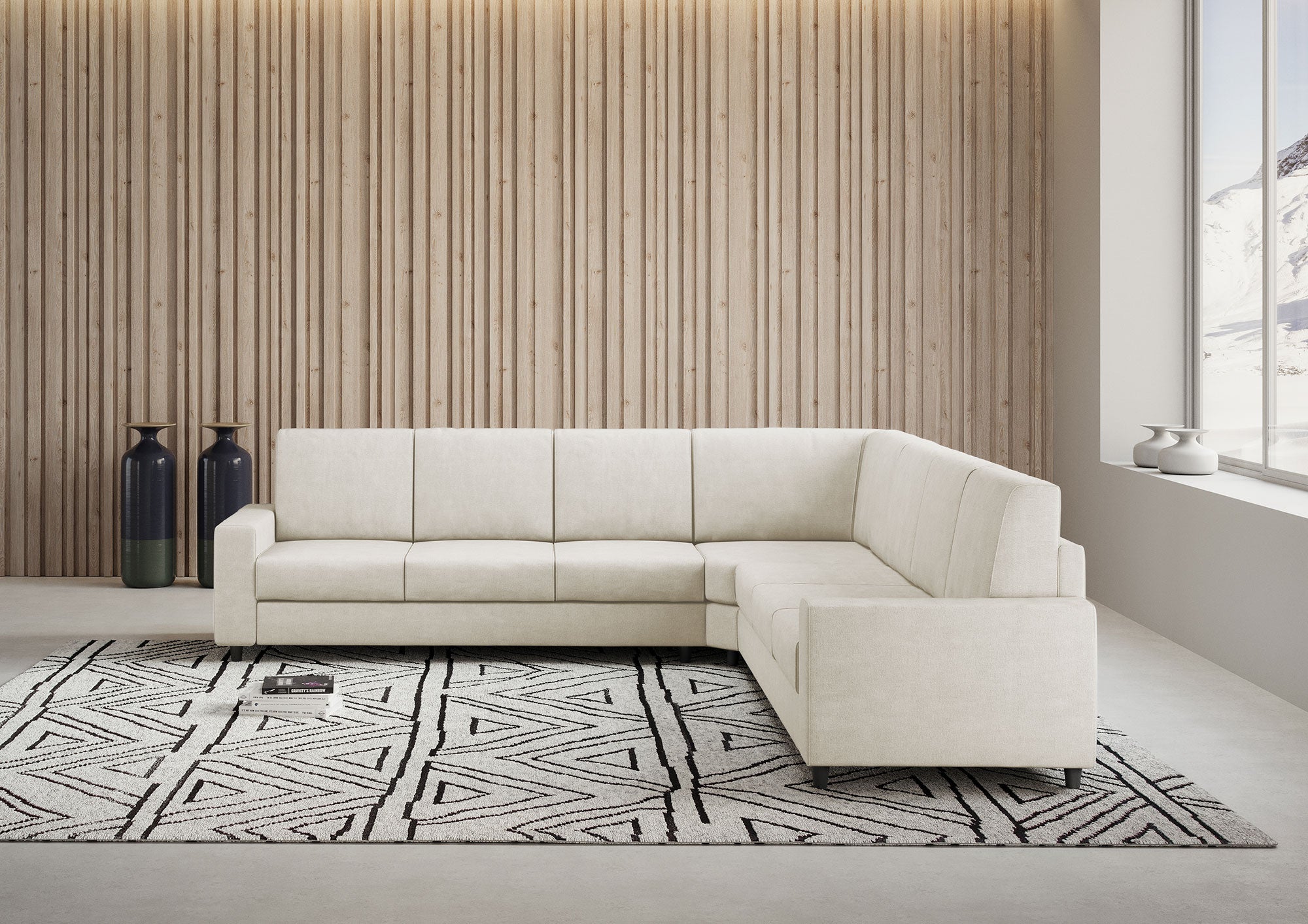 Divano Angolare 7 Posti 286x286x85 cm Sakar in Tessuto Latte