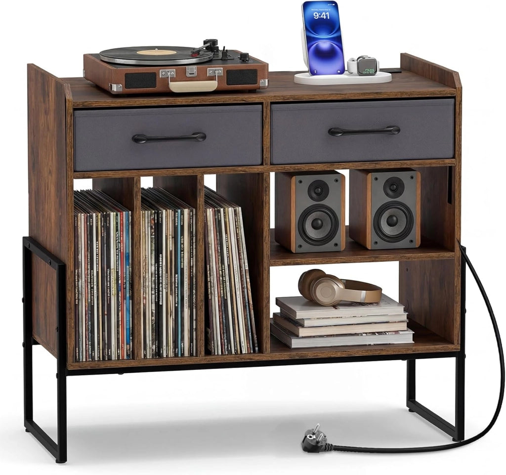 Supporto per Giradischi in Vinile, Mobile per Giradischi con Stazione di Ricarica, 2 Cassetti Rimovibili in Tessuto e Ripiano Regolabile, Supporto Porta Dischi Vinile per Soggiorno, Studio